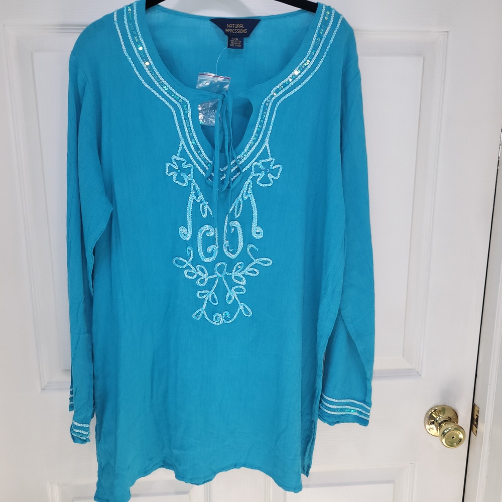 Turquoise Embroidered Women's Tunic 100% Cotton